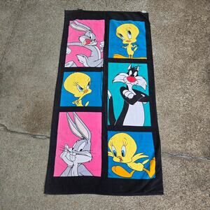 Vtg 90s LOONEY TUNES Characters Box Logo All Over Print Cartoon Beach Towel
